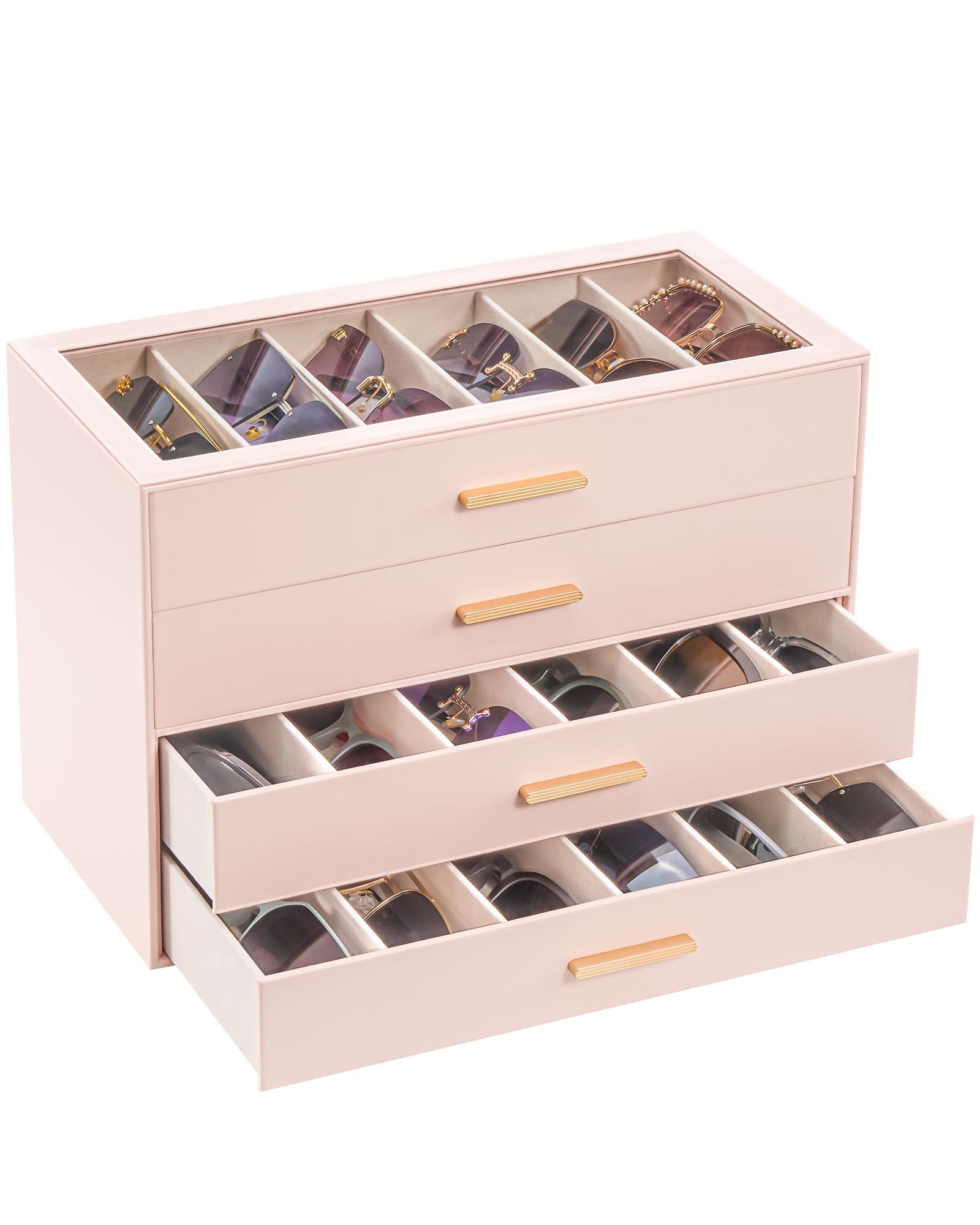 Lolalet 24 Slots Sunglasses Organizer, 4-Layer Sunglass Box with Transparent Glass Lid Display Case Storage Holder for Eyewear Eyeglass Multiple Pairs Glasses -Pink
