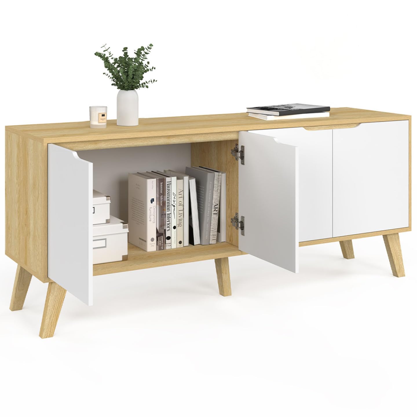 IDMarket - Buffet Bas scandinave 140 cm FINN 4 Portes Blanc et Bois façon hêtre