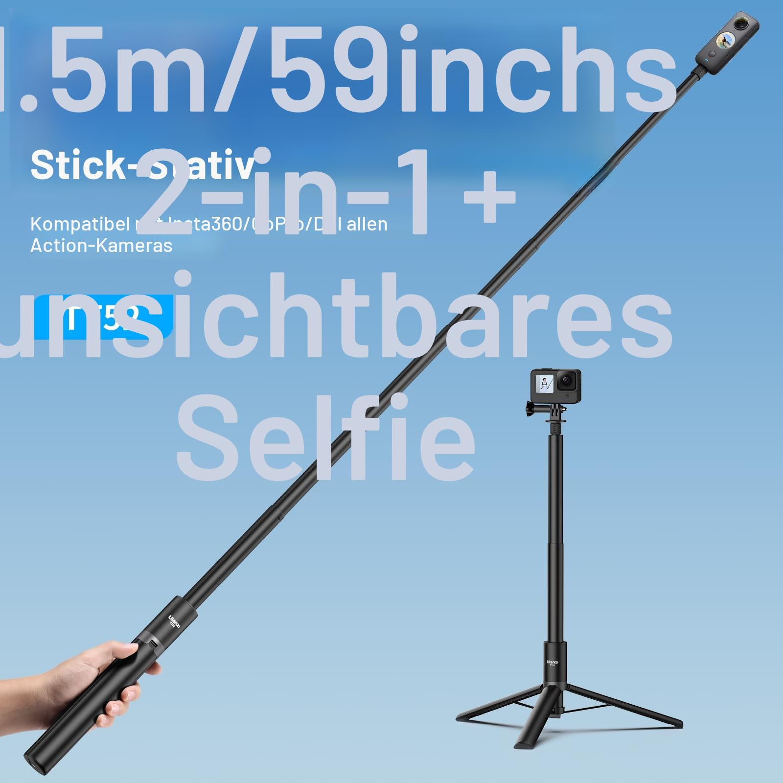 ULANZI 150cm Selfie Stick Stativ für Insta360 GO 3/X3/ONE RS/ONE X2/ONE X/GO 2/ONE R/ONE, TT52 Einbein Stativ für Action Cam Monopod Kompatible mit DJI usw.