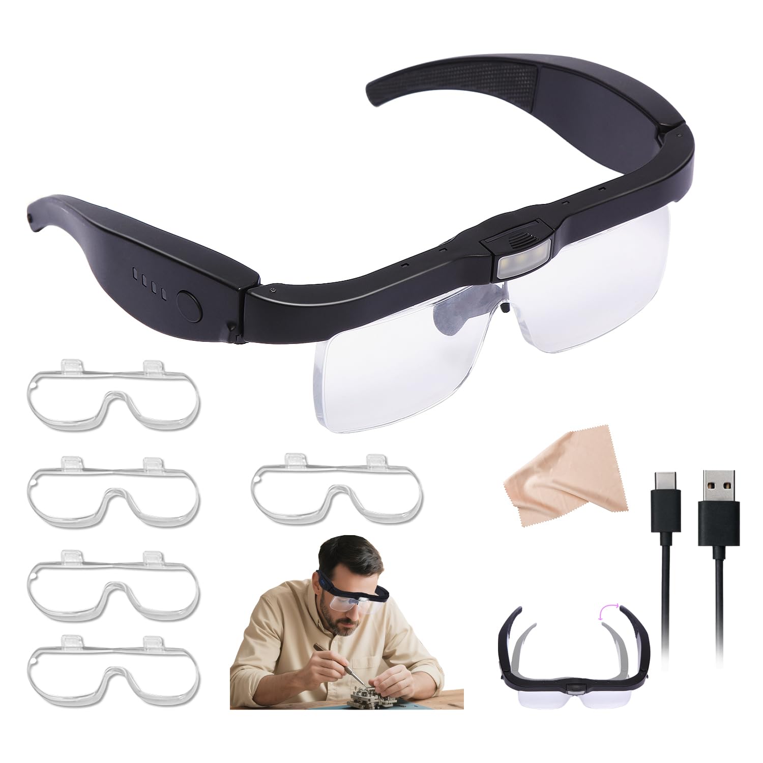 Professionelles Lupen-Headset mit 5 abnehmbaren Linsen, 0,75 x 4,0 x und 3 LED-Leuchten, wiederaufladbar, Freisprech-Kopfbandlupe für enge Arbeit, Schmuck, Handwerk, Hobby