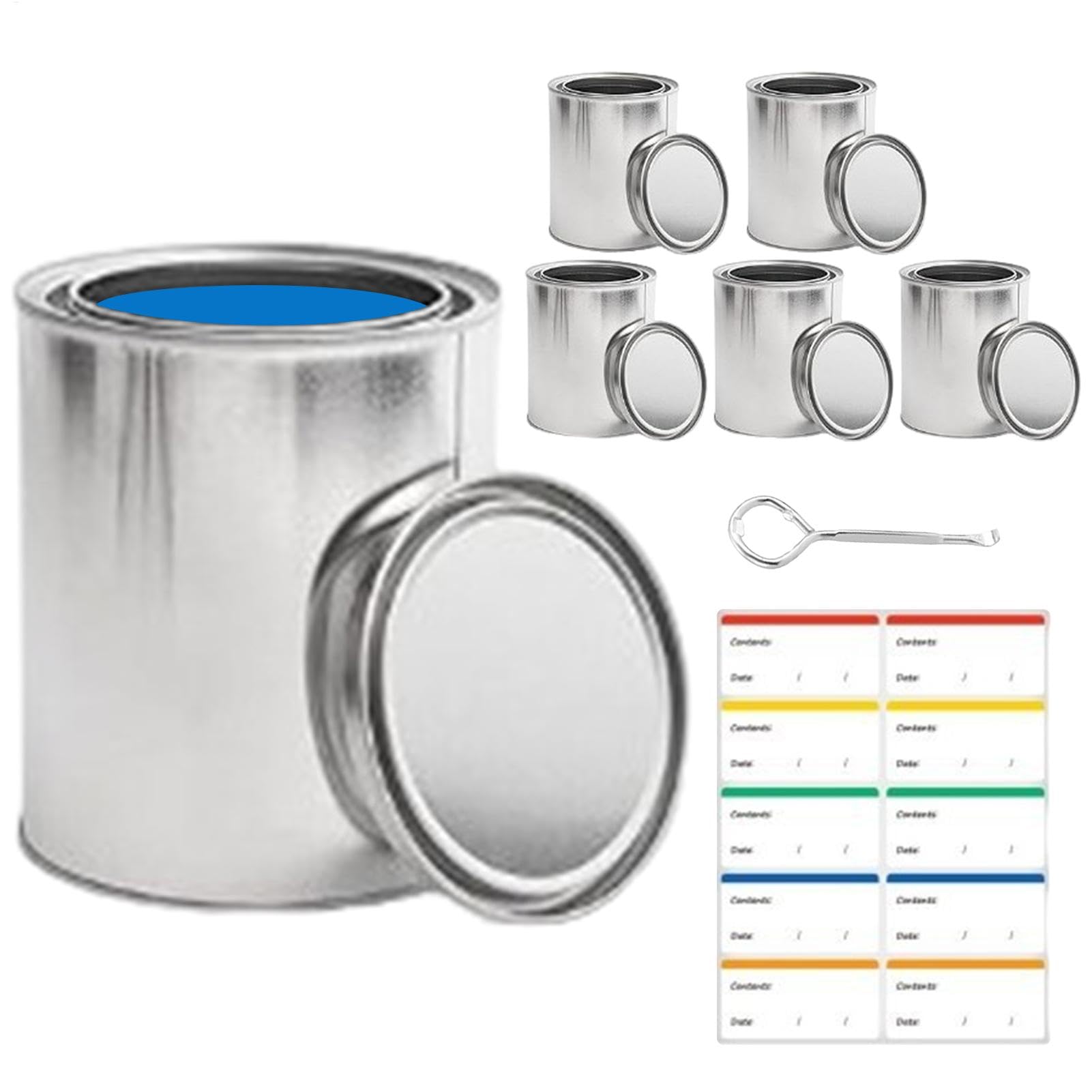 Latas de pintura vacías, recipientes de pintura sin forro con abrelatas y calcomanías, organización de garaje, cubo organizador plateado para disolventes, artes, manualidades, proyectos de