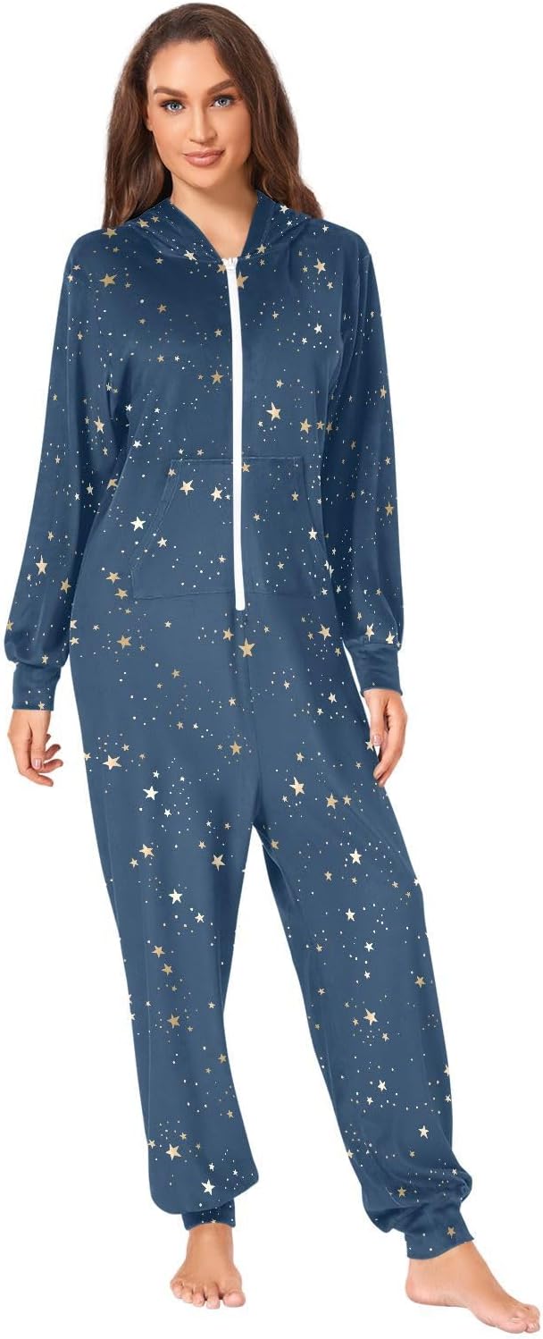 Gold Constellation Stars Galaxy Blue Onesie Pajamas for Adult Men Women Long Sleeve One Piece Onesies Hooded Sleepwear