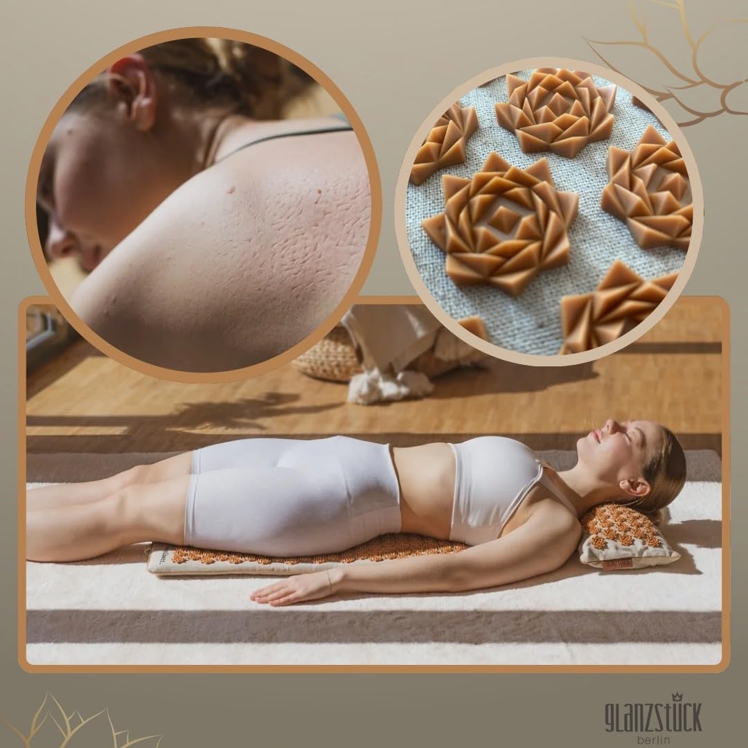Glanzstück Berlin Health Collection XL Akupressurmatte Set ORIGINAL aus Leinen Massagematte mit Kissen Wärmefunktion Tasche