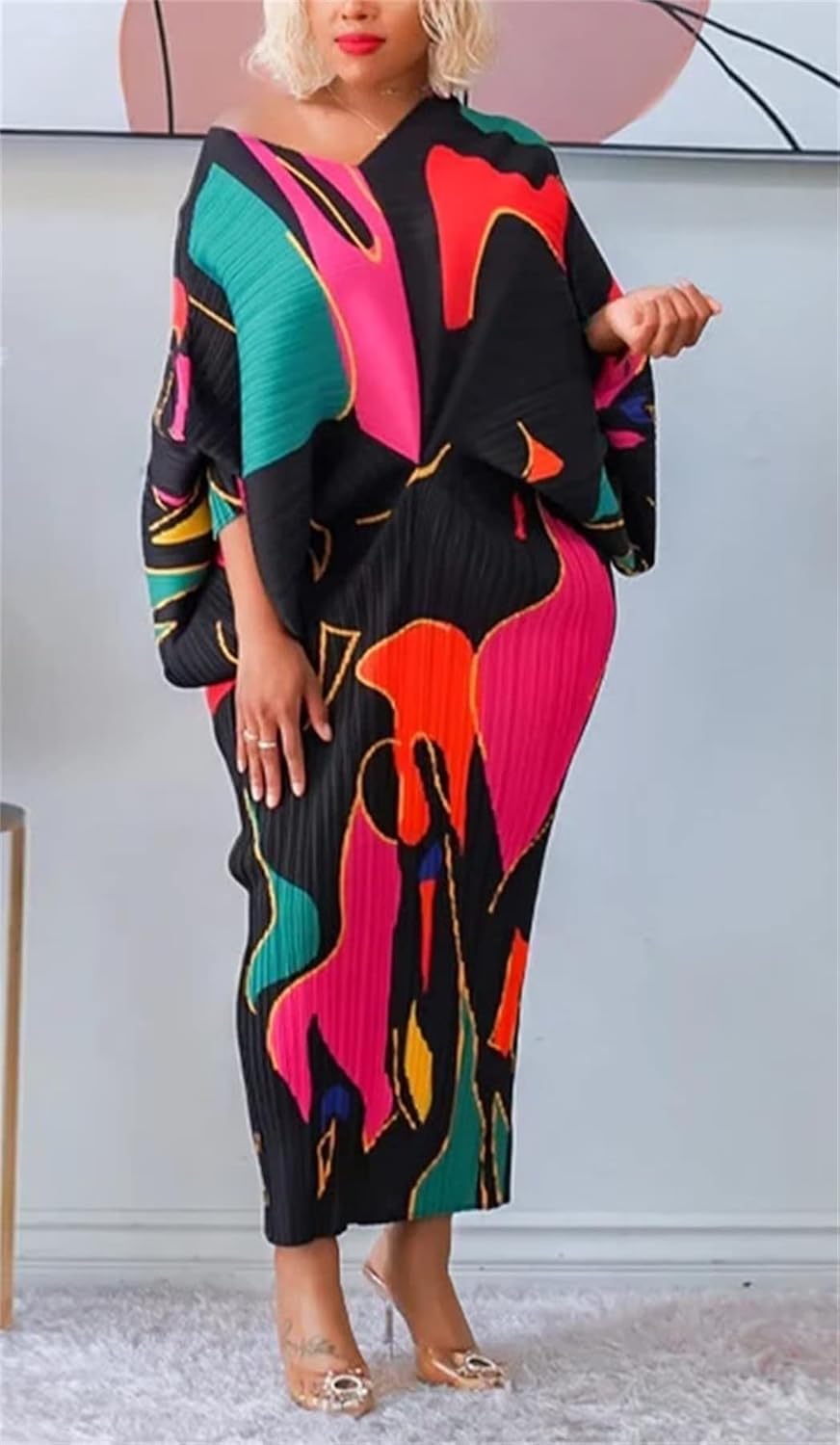 Ptorlio Sexy African Dresses Attire for Women V Neck Floral Pleated Midi Dress Plus Size - Image 3
