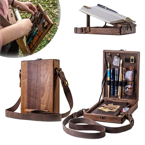 Writers Messenger-Holzbox, multifunktional, für Künstler, Werkzeug und Pinsel, Retro-Holz, handgefertigt, tragbar, Crossbody-Tasche (braun) Cover