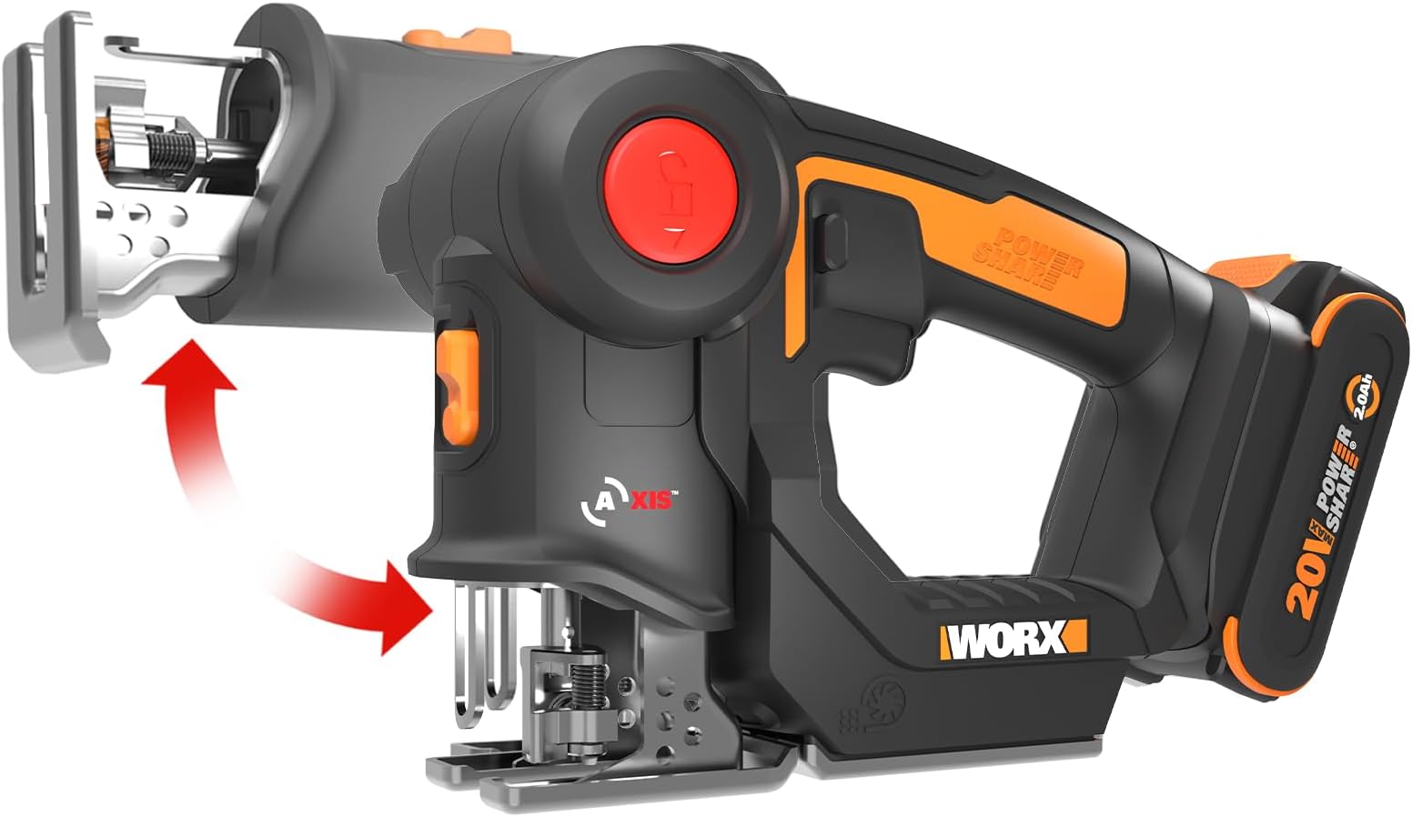 20V AXIS 2-in-1 Cordless Reciprocating Saw & Jig Saw, Orbital Cutting Reciprocating Saw, Pivoting Head Jigsaw Tool with Tool-Free Blade Change, Power Share WX550L – Battery & Charger Included