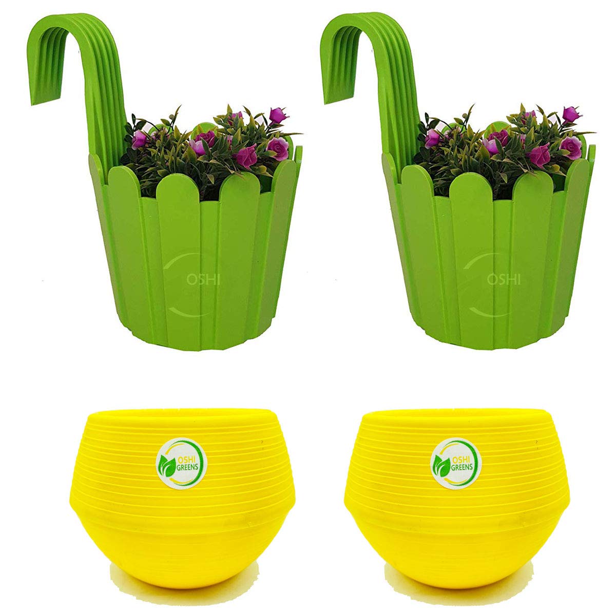 OSHIGREENS Flower POTS Combo of 2 PCS Balcony Railing Hanging Flower POTS and 2 PCS Indoor Flower POTS SELF Watering PLANTERS Multicolor