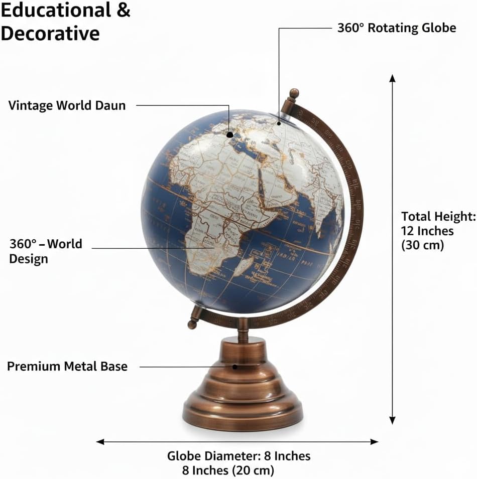 Vintage Blue World Globe with Antique Bronze Metal Stand, 8 Inches, Decorative Desk Globe for Home & Office, Educational Table Decor