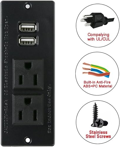 Miniatura 4 de Regleta de escritorio con 2 tomacorrientes, 2 USB 2.1A, montaje de inserción, mesa de escritorio integrada, sofá, gabinete, mesita de noche