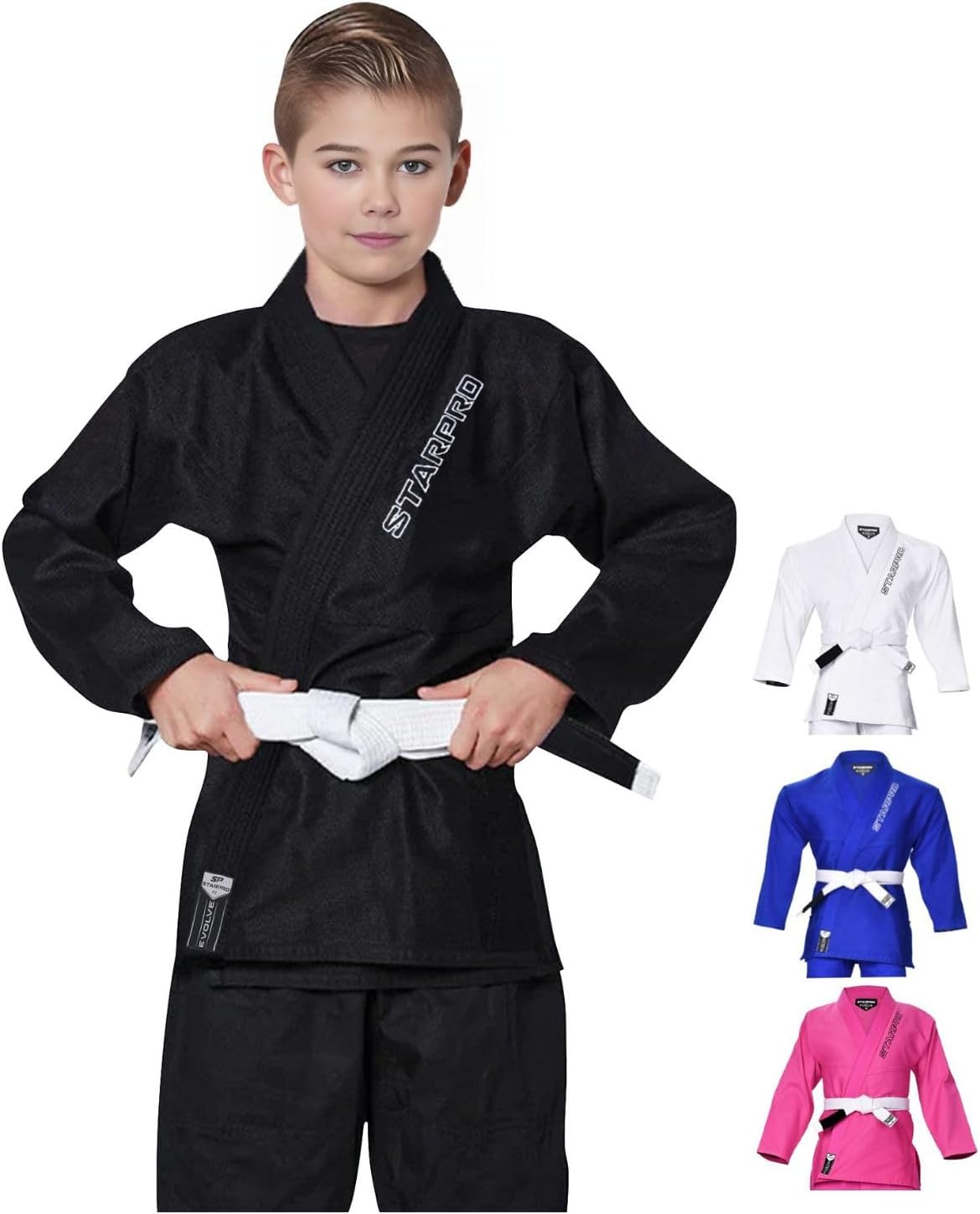Evolve Kids BJJ GI - Premium Cotton Blend - White Blue Black - Preshrunk Gi for Boys Girls for Martial Arts Training and Fight