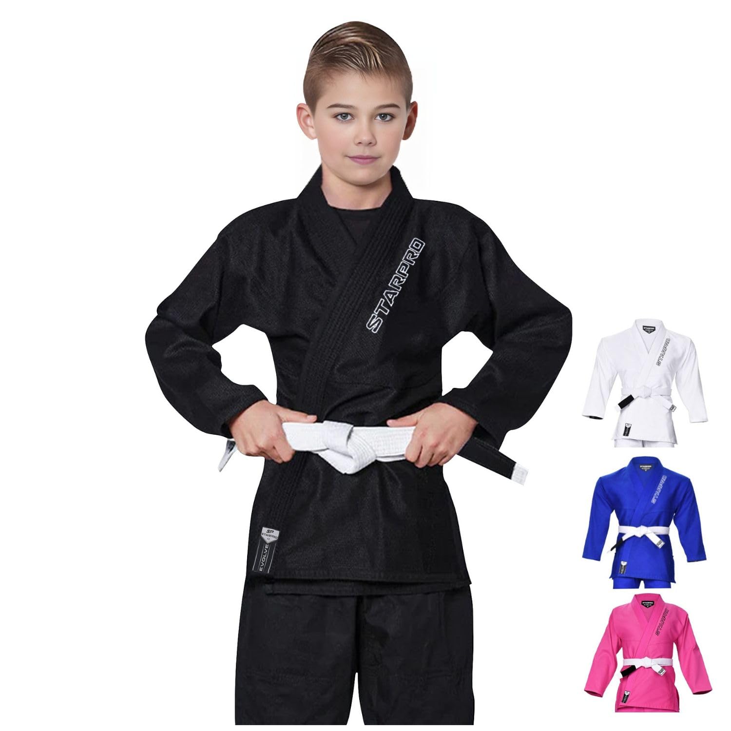 Evolve Kids BJJ GI - Premium Cotton Blend - White Blue Black - Preshrunk Gi for Boys Girls for Martial Arts Training and Fight