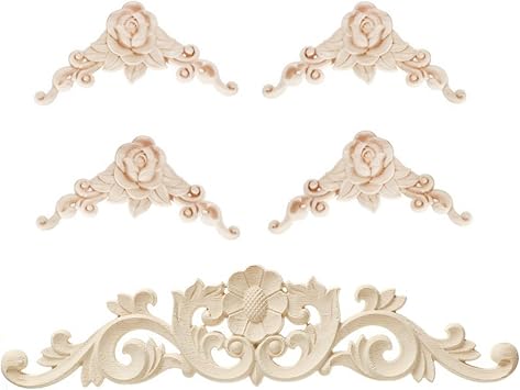 5PCS Wood Carved Onlay Applique Wood Appliques Onlays DIY Carved Furniture Appliques Onlays Unpainted Center Carving Decal for Bed Door Cabinet Mirror Fireplace Wardrobe Furniture Decoration,02