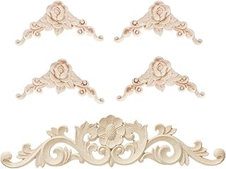 5PCS Wood Carved Onlay Applique Wood Appliques Onlays DIY Carved Furniture Appliques Onlays Unpainted Center Carving Decal for Bed Door Cabinet Mirror Fireplace Wardrobe Furniture Decoration,02