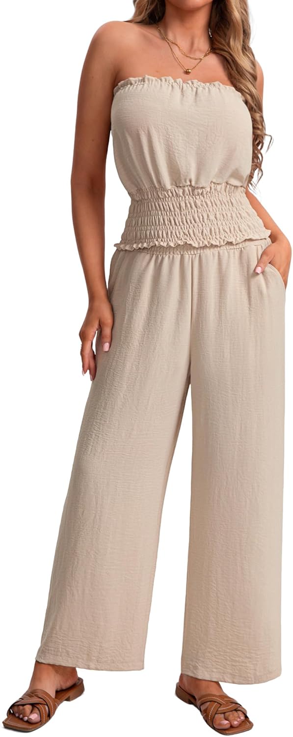 2 Piece Sets for Women Summer Outfits Wide Leg Pants and Crop Tube Tops Summer Casual Beach Vacation Set