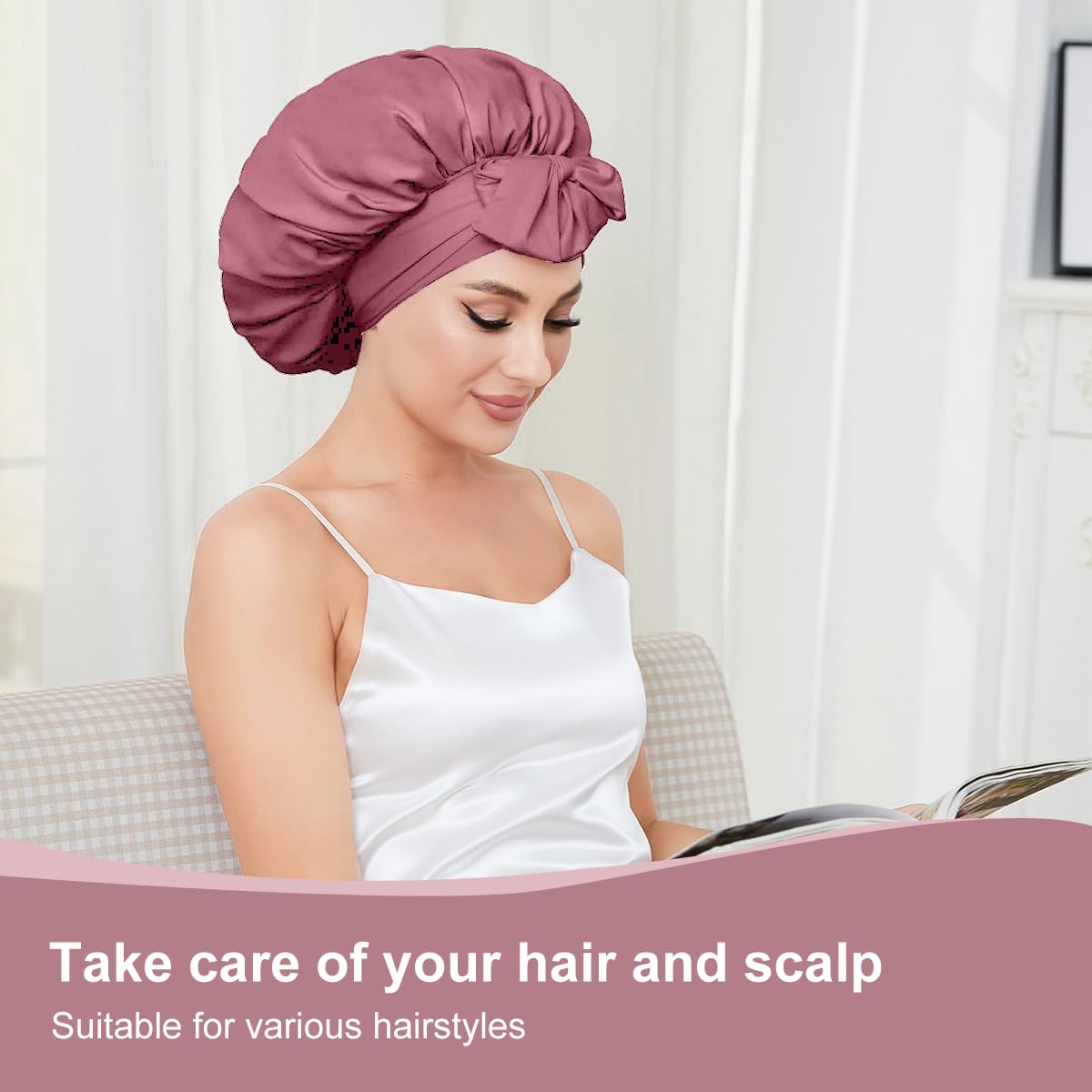 Double Layer Shower Cap for Women with Bowknot, Satin Night Reusable Bonnet for Straight Wavy & Curly Hairs - Image 3