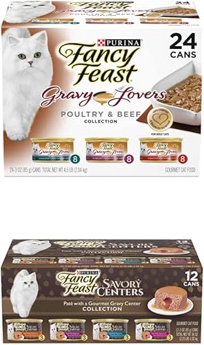 Purina Fancy Feast - Paquete variado de alimentos húmedos en salsa para gatos, colección de centros salados y fiestas de aves de corral y carne de