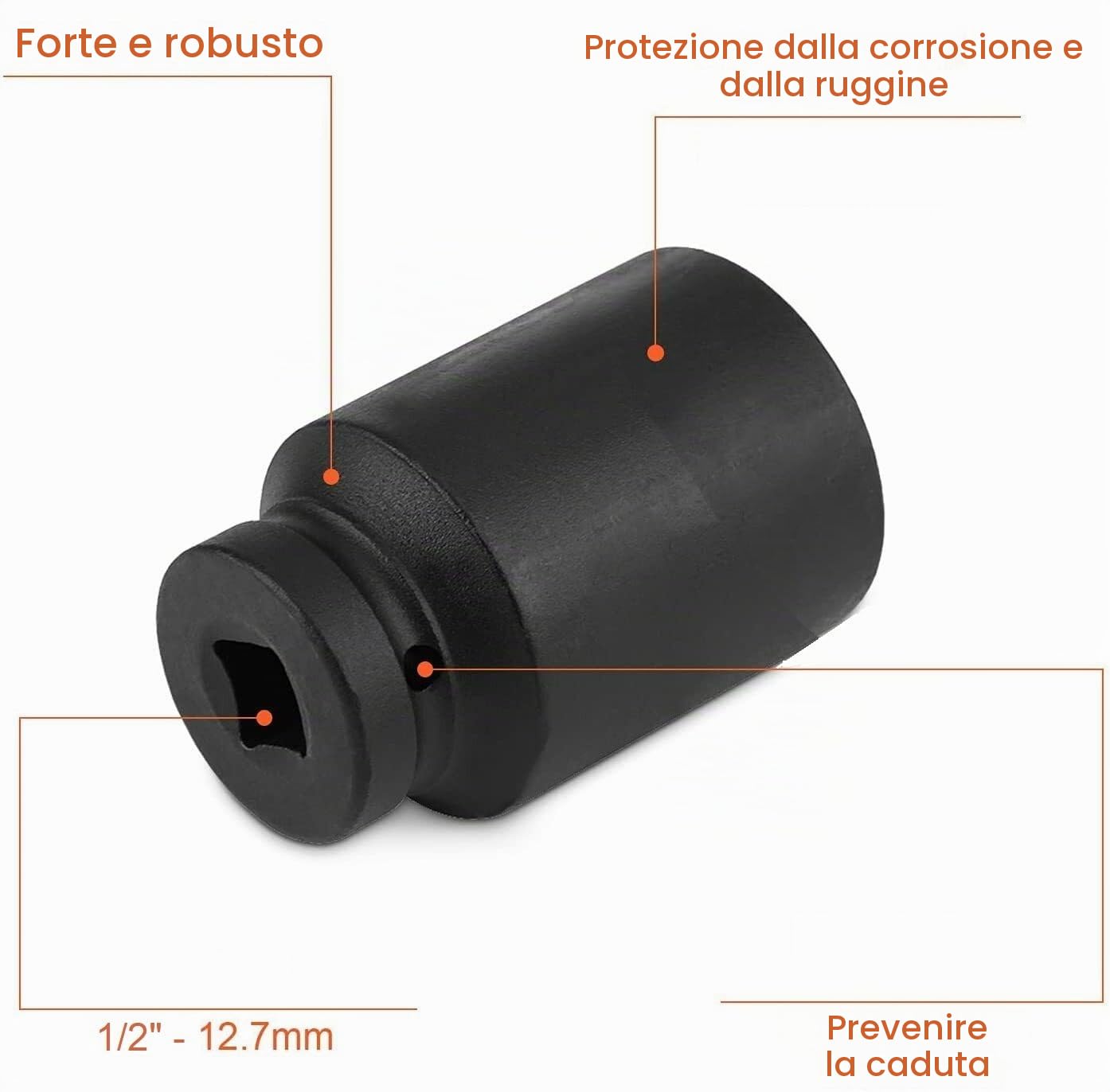 Serie 20 Bussole Rinforzate ad Impatto con Attacco Quadrato da 1/2" (12,7 mm) Misure Metriche da 8 a 32 mm