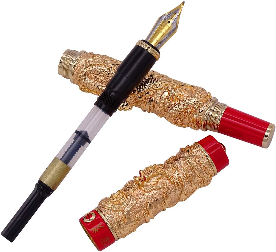 Chinese Dragon Fountain Pen Gold Red Color, Fude Pen Bent Nib (Fine to Broad Size) for Art Drawing Calligraphy Handwriting by Jinhao