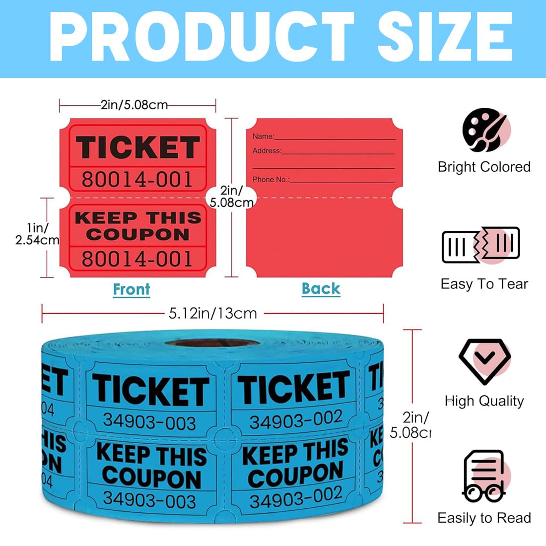 Tickets De Tombola Billets Papier, Lot de 3 rouleaux tickets tombola numérotés, Étiquette de Billet de Tombola, Pour événement de fête, Récompense, Collecte de fonds, Carnaval