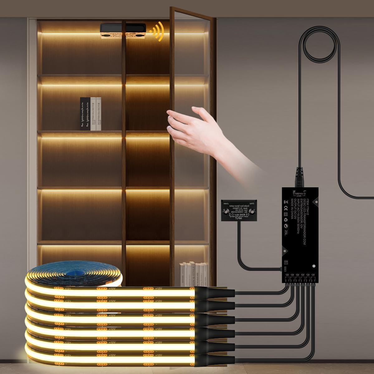 AIMENGTE Cabinet Light COB LED Strip, 6x1M/3.3ft Warm White LED Strip Lights with Dual-Door Sensor, Cuttable LED Cupboard Lights Indoor for Display Cabinets, Wine Cabinets, Showcases