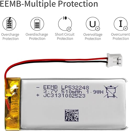Miniatura 5 de EEMB Batería de polímero de litio 3.7V 510mAh 532248 Lipo Batería recargable con conector JST de cable para altavoz y dispositivo inalámbrico