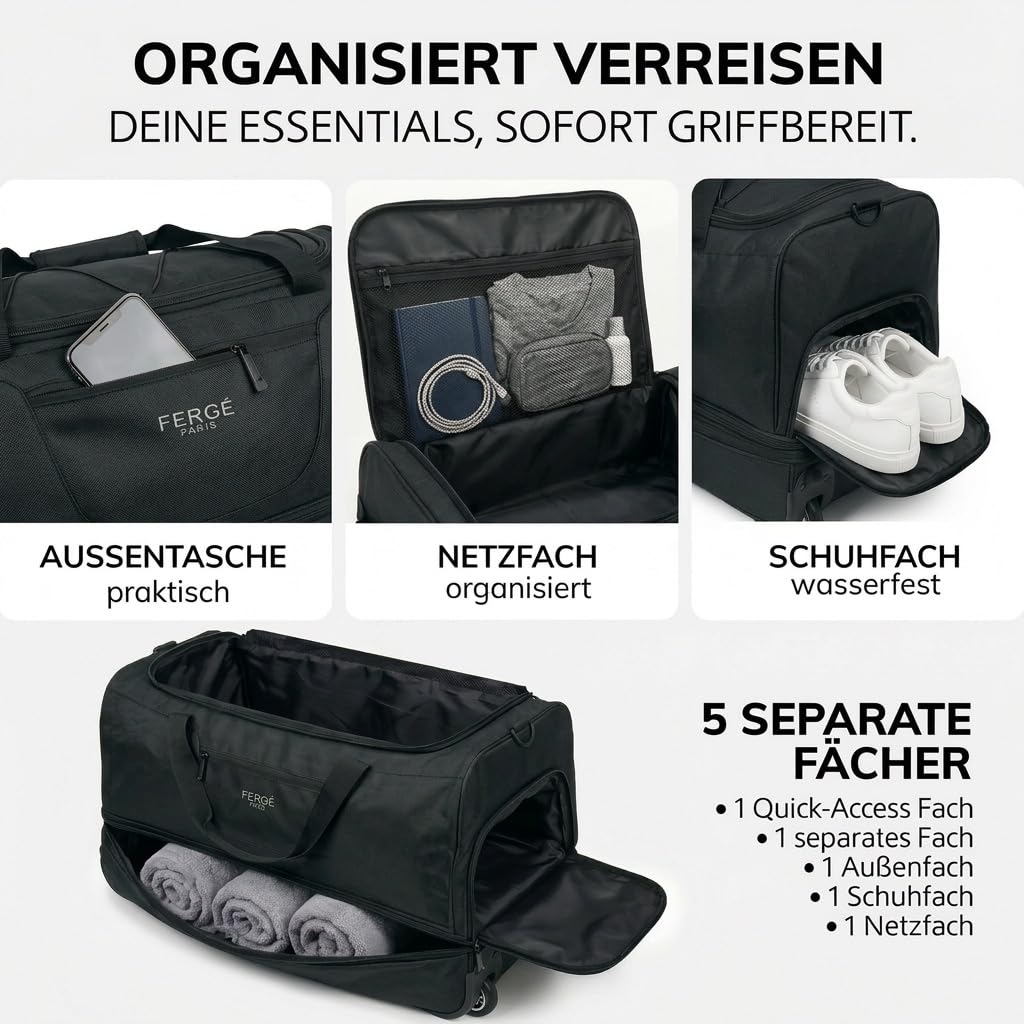 FERGÉ XL große Reisetasche mit Rollen erweiterbar und Schuhfach - Trolley mit Spanngurten Weichgepäck Reisetasche Weekender Paris