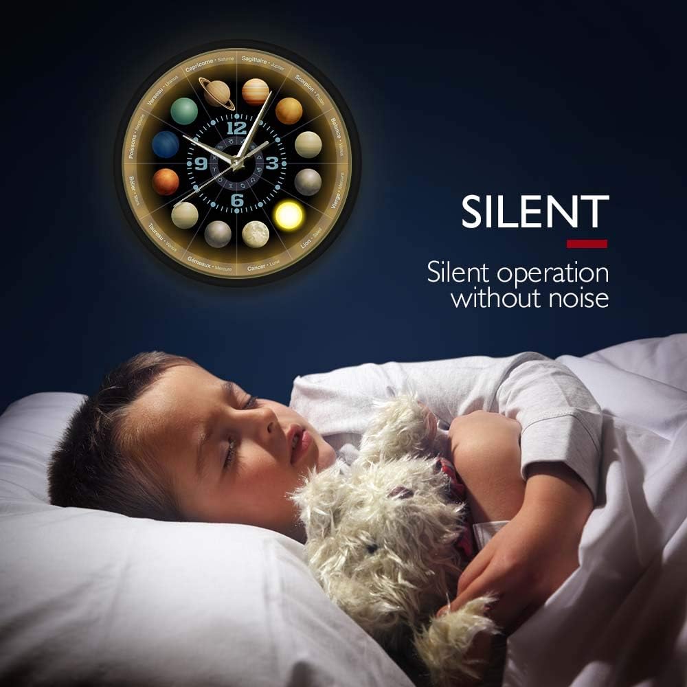 Geek Alerts Planets of Astrology Outer Space Wall Clock with Sound Activated LED Light Solar System Planets Astronomy Non Ticking Metal Frame Wall Watch Nursery Kids Room Decor