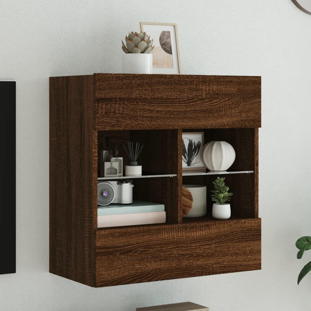 Wandmontage TV Meubel met LED Verlichting, Eikenbruin, 58,5x30x60,5 cm, Zwevende Tv Kast met Opbergramte, Multifunctioneel, voor Woonkamer en Slaapkamer