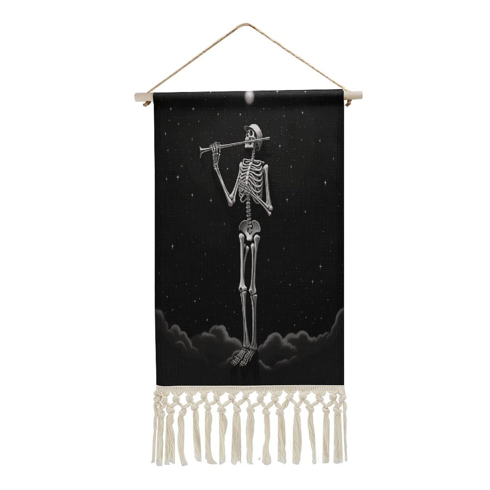 Adfgyerh Style Skeleton In The Night Tapestry With Tassels Cotton And Linen Hanging Posters, Wall Art For Travel Gift, Wall Tapestry For Office Home Decor Bedroom Living Room Decor