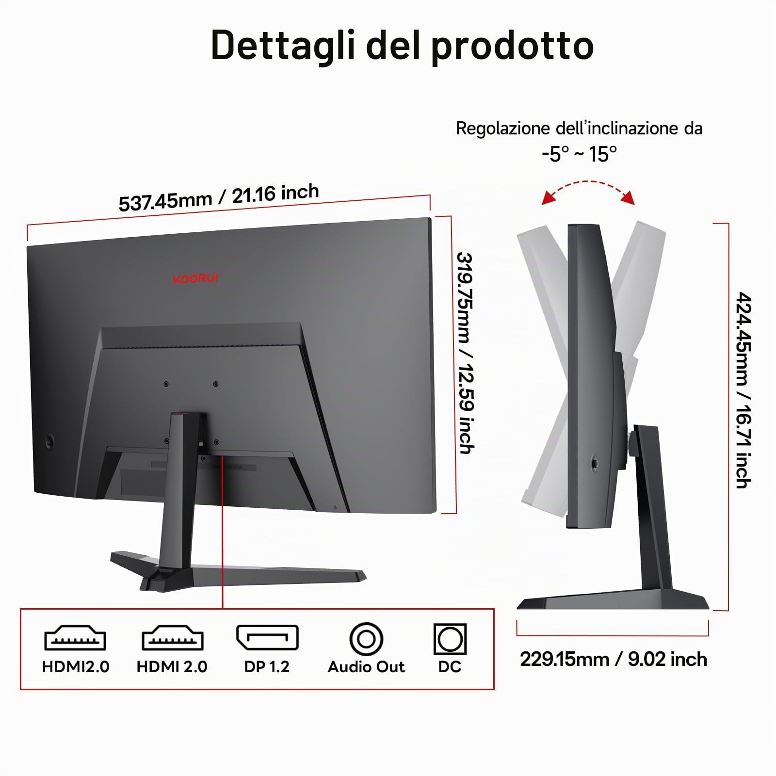 KOORUI Monitor da Gaming Curvo 24 Pollici 180Hz, 1ms, 1920x1080 FHD, 1500R, Adaptive-Sync, HDR10, VESA, cavi DP e HDMI inclusi