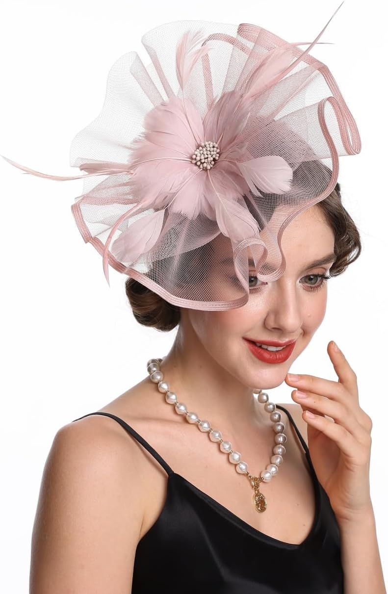 SAFERIN Fascinator for Women Hair Clip Hat Bowler Feather Flower Veil Wedding Party Hat Tea Hat