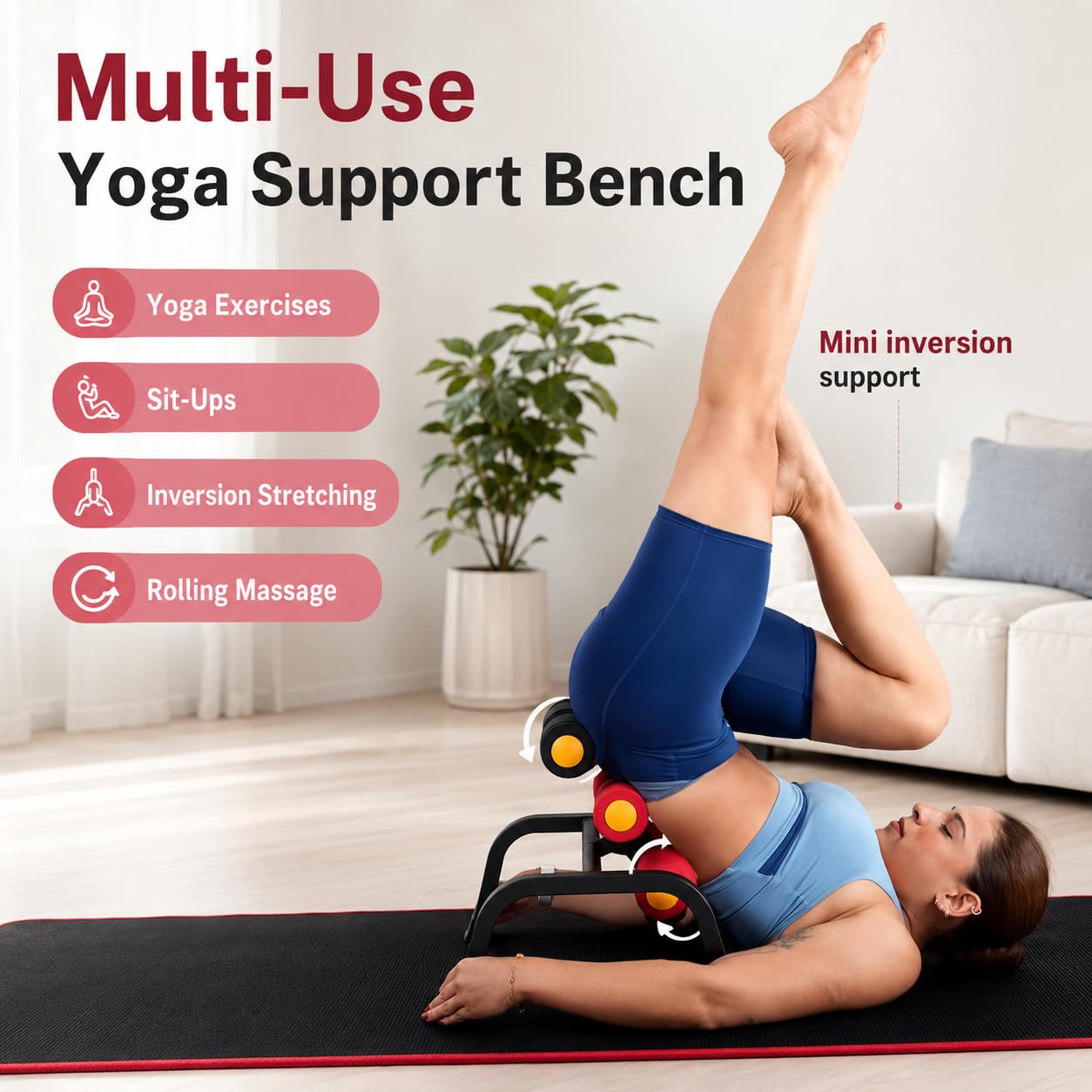 Mini tavolo di inversione, capacità 400 libbre, rulli massaggianti a 8 punti | Il design compatto 45 x 45 cm supporta stretching, addominali, yoga e esercizi di inversione controllata.