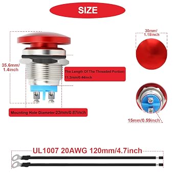 2Pcs 22 mm أحمر الفطر رئيس دفع زر التبديل زر ضغط لحظي IP65 للماء DC 12 V 3 A AC 110 V 5 A SPST مع المسمار مقبب والأسلاك الطرفية للسيارة قارب شاحنة مجفف آلة القهوة