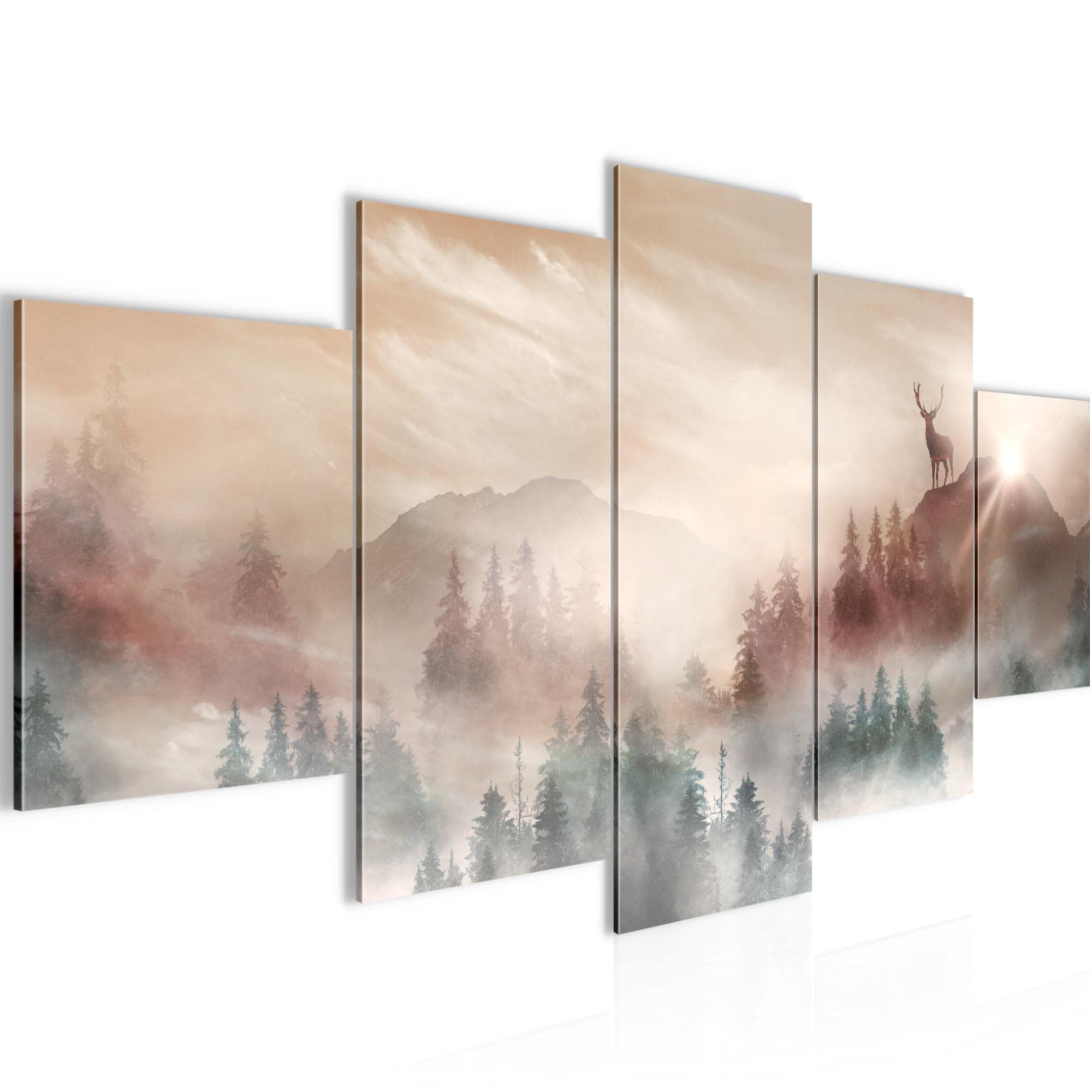Runa Art Deer On Mountains A - Wall Pictures Forest Stag 200 X 100 Cm 5 Pieces Xxl Wall Art Non-Woven Canvas Brown Green 042851A