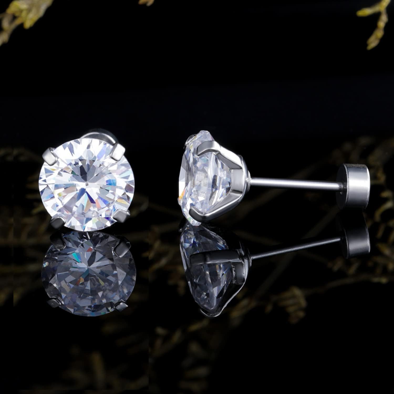 VOLUKA Cubic Zirconia Stainless Steel Screw Flat Back Earring - Hypoallergenic Stud Earrings for Women & Men - 316L Titanium CZ Stud Earrings for Nickel-Free, Trendy & Elegant - Image 2