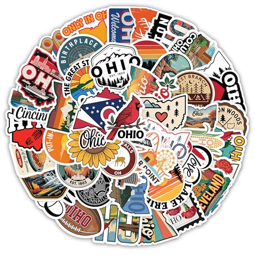 Ohio Travel Stickers, 50 Pieces, Vinyl, Waterproof Decal for Laptop, Water Bottle, Phone, Car, Bike,...