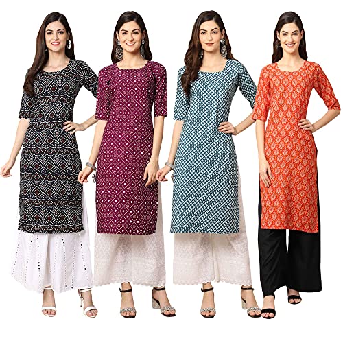 Image of Pinkmint Women's Crepe Digital Print Straight Kurta [Pack of 4] (CCV-373-347-357-354)