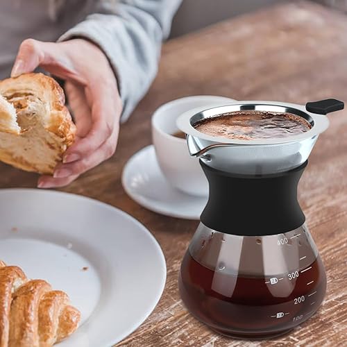 Miniatura 7 de ZXJQLOS Cafetera para verter sobre cafetera, cafetera de goteo portátil con filtro cónico reutilizable de acero inoxidable, jarra de vidrio con