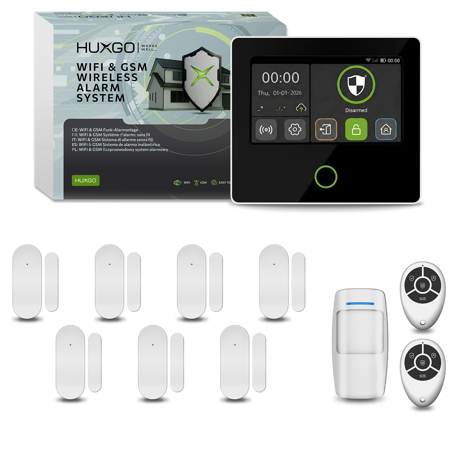 HXA502 Alarma casa inalámbrica WiFi + gsm 4G con Sirena integrada | Kit Alarma hogar con 1x Sensor de Movimiento y 7X sensores Puerta/Ventana | Notificaciones por SMS y aplicación