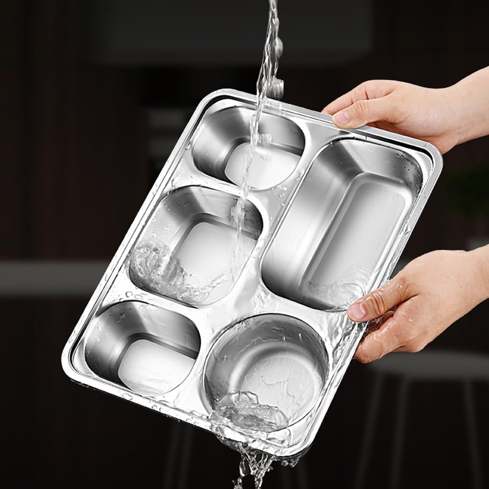 Bandeja de acero inoxidable dividida con tapa, 4/5 compartimentos para adultos, apta para lavavajillas, apilable, bandeja de almuerzo para casa, camping, picnic