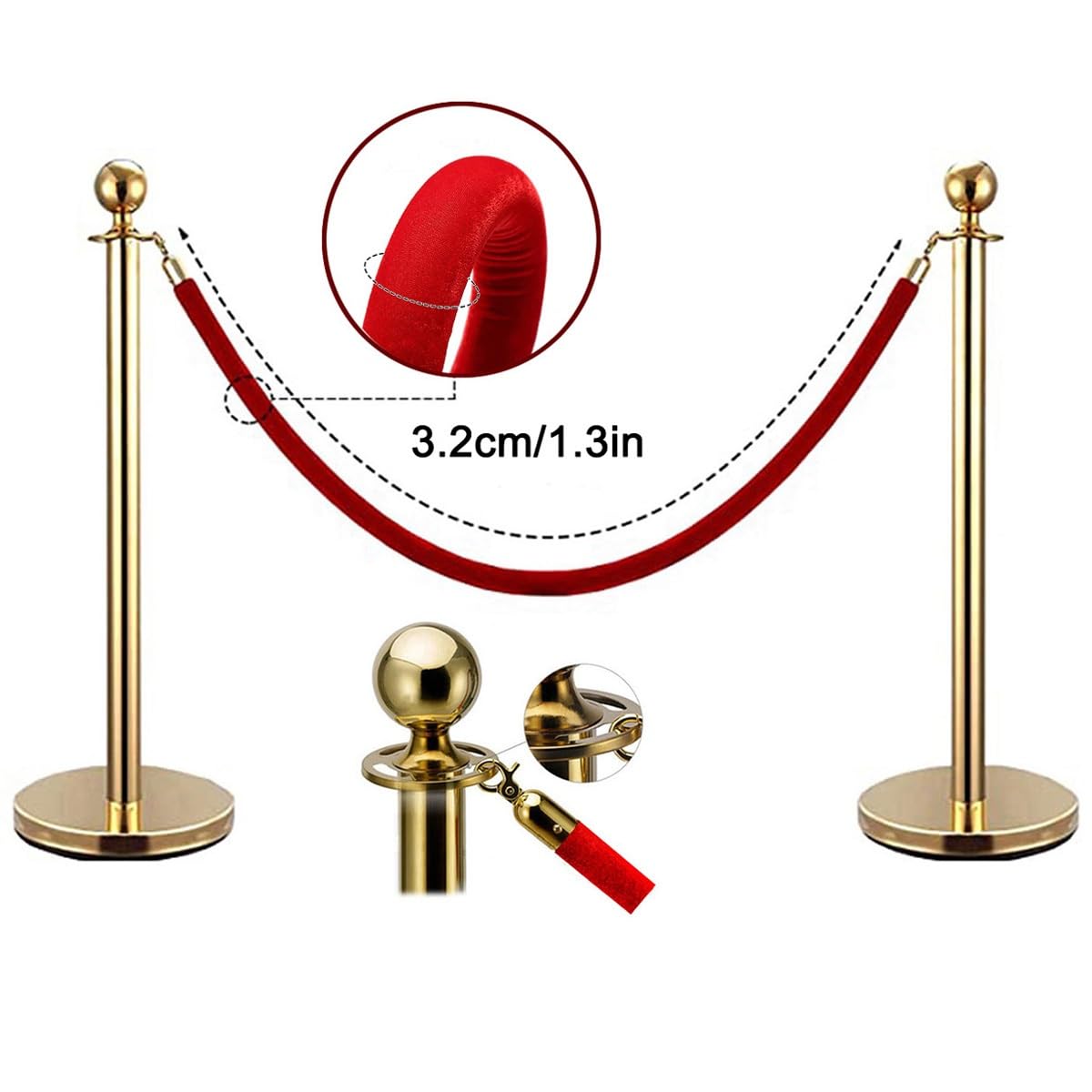 Bariery linowe z liną, aksamitna lina z 2 hakami ściennymi, 1-4 m, kontrola tłumu (wys. 1,2,8 m/9 stóp)