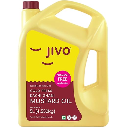 Jivo Premium Cold Pressed Kachi Ghani Pure Mustard Oil, 5 Litre | Natural & Pure, Rich in Omega-3 & Antioxidants | Ideal for Cooking, Frying, Pickling & Daily Use |