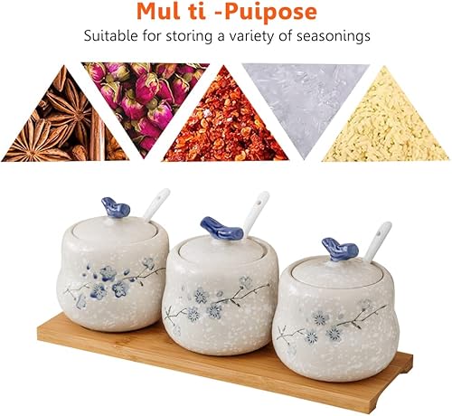 Miniatura 4 de Juego de 3 tarros decorativos de cerámica para condimentos, recipientes de especias de porcelana de 13.5 onzas, cuencos de azúcar con cucharas de