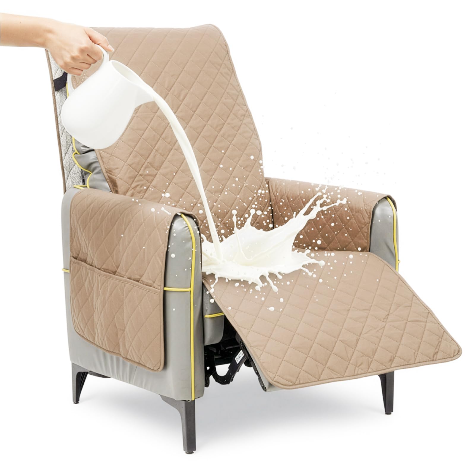 SUNNYNEST Waterproof Recliner Chair Cover Extra Large 232ร196cm โ Quilted Non-Slip Armchair Protector with Pockets, Furniture Cover for Pets, Kids & Daily Use (Khaki)