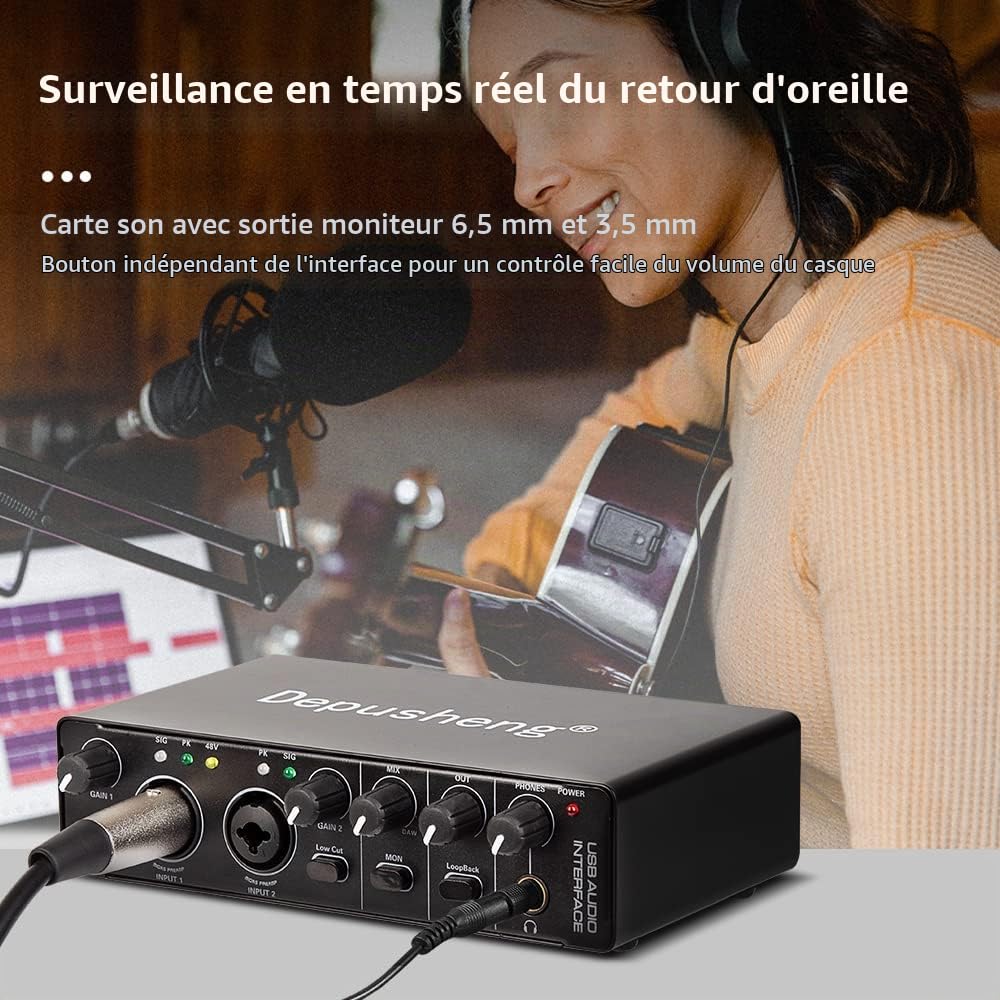 Depusheng RX2 USB interface audio ordinateur enregistrement carte son mélangeur audio, interface audio pour home studio, peut connecter un microphone à condensateur 48V, enregistrement de guitare