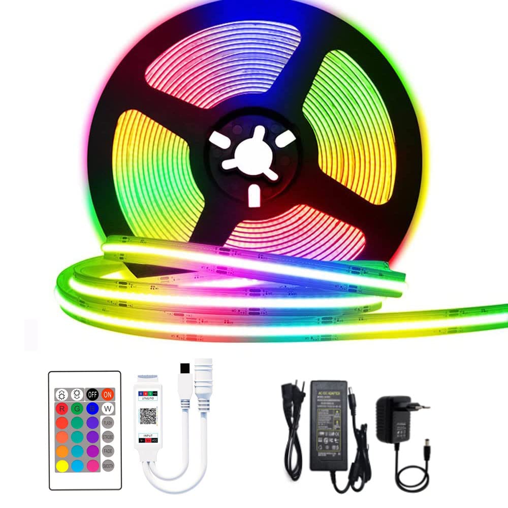 RGB COB LED Strip 12 V 810 LEDs/m Soft Flessibile COB Tape Colorful Mobile APP Controlled Luce aggiungere Alimentazione (5 M Strip+24 key IR Controller+12 V 7A US PS)