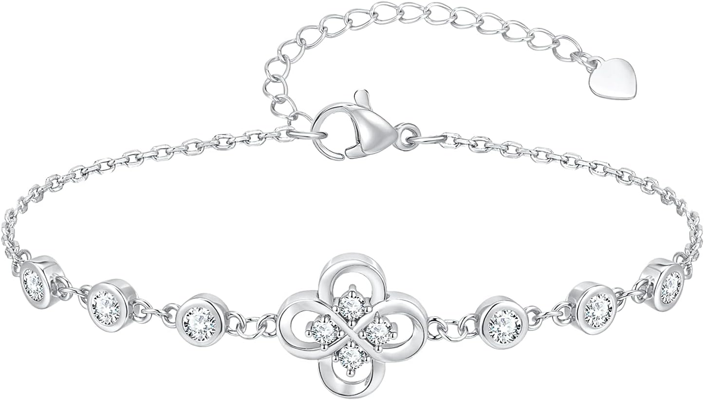 Four Leaf Clover Bracelet for Women - 14K Gold Plated Cubic Zirconia Flower Chain Bracelets, Dainty Lucky Charm Link Bracelet, Trendy Anniversary Birthday Jewelry Gift for Mom Wife Girlfriend