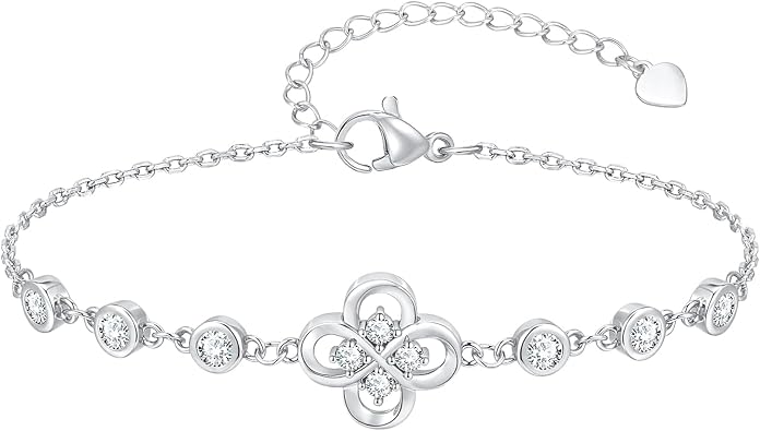 Four Leaf Clover Bracelet for Women - 14K Gold Plated Cubic Zirconia Flower Chain Bracelets, Dainty Lucky Charm Link Bracelet, Trendy Anniversary Birthday Jewelry Gift for Mom Wife Girlfriend