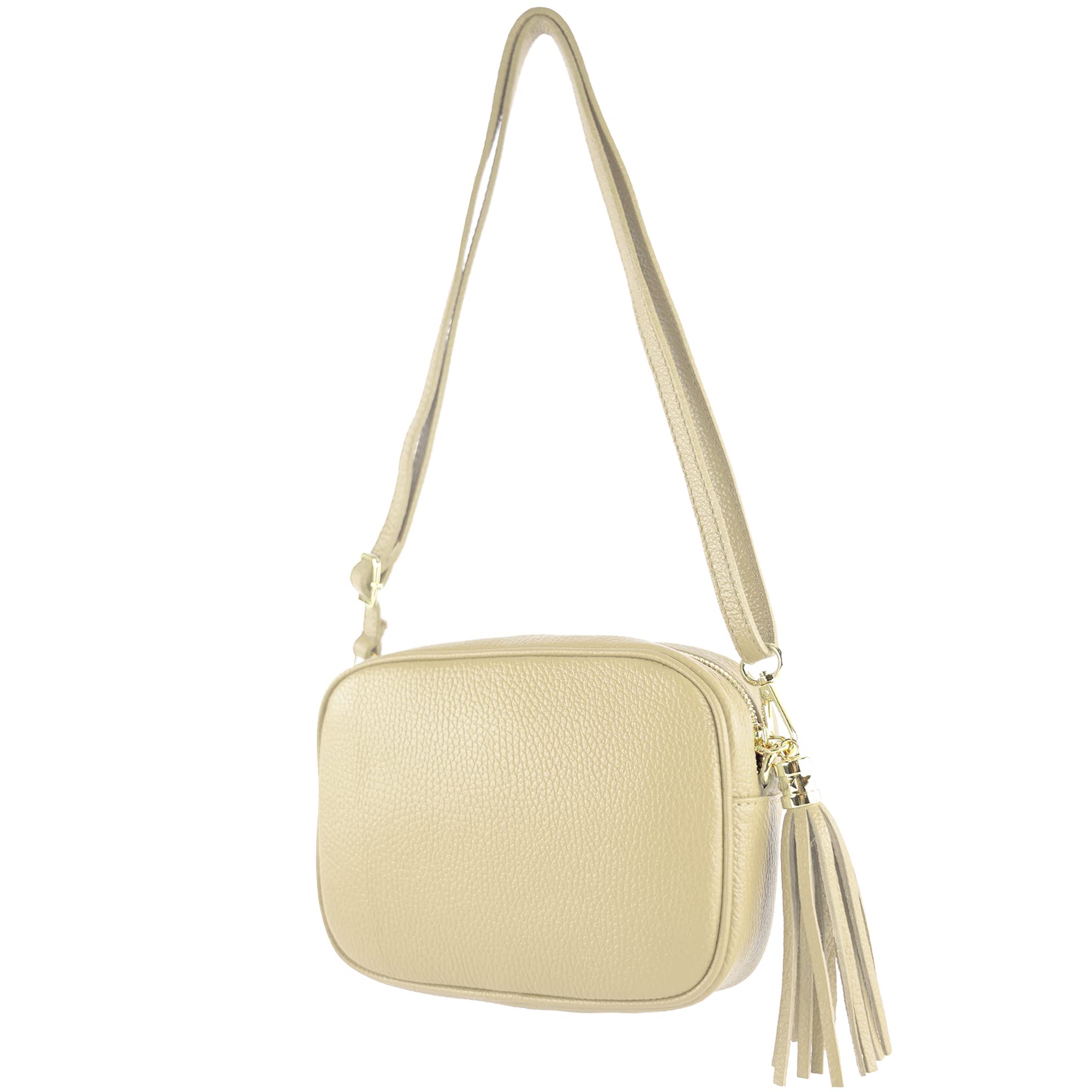 modamoda de - T240 - Bolso bandolera pequeño de piel auténtica italiana, beige, S