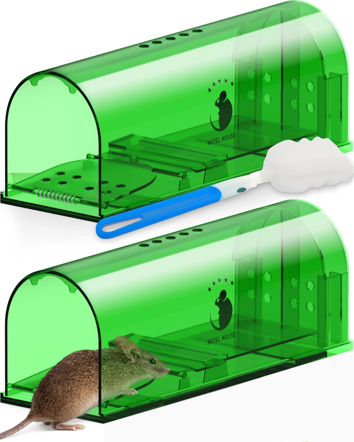 Motel Mouse Humane No Kill Live Catch and Release Mouse Traps, Reusable with Cleaning Brush - 2 Pack